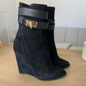 Givenchy Black Suede Wedge Boots with Gold Buckle